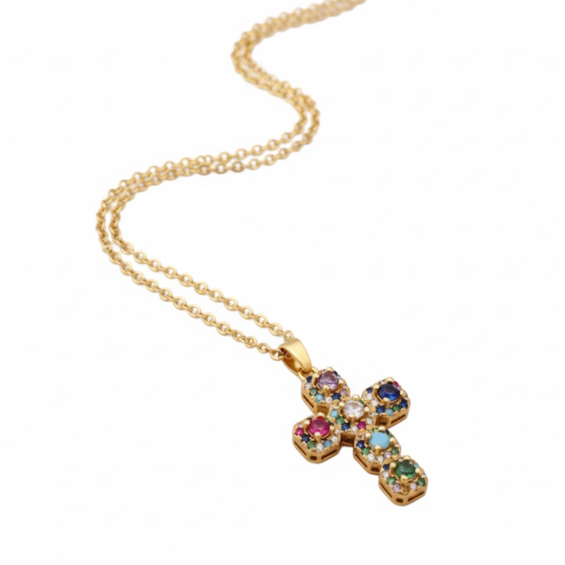 Rainbow Reef Cross Necklace Perth Australia lightweight everyday necklace with sparkling multicolour cubic zirconia