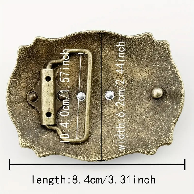 Rustic longhorn belt buckle - size measurement showing 8.4 cm (3.31 in) length and 6. cm (2.44 in) width