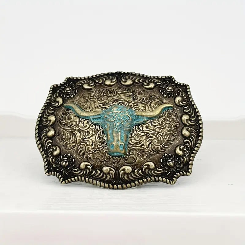 Rustic longhorn belt buckle on a white background
