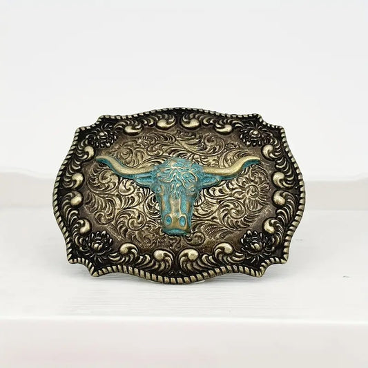 Rustic longhorn belt buckle on a white background