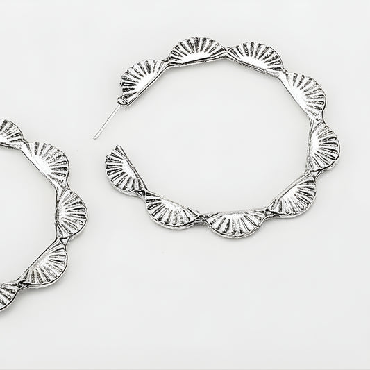 Sea Whisper Earrings Perth Australia House of Hide silver hoop earrings with scalloped edge on white background