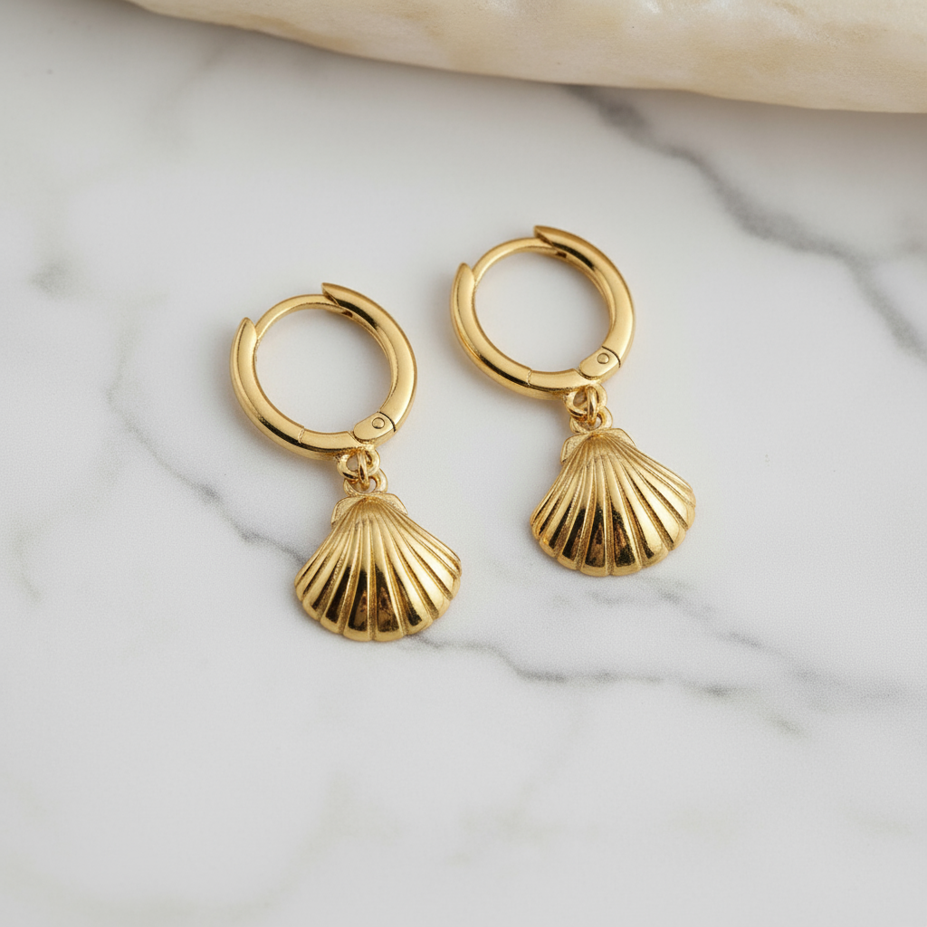 Seaside Bay gold-plated silver hoops with sculpted shell pendant – coastal jewellery Australia