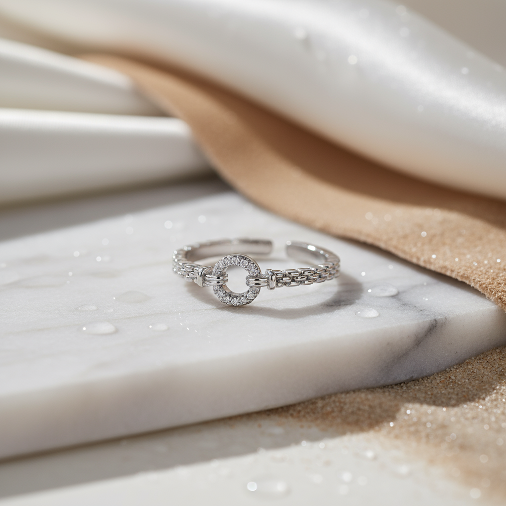 House of Hide Silver Coastal Chain Ring stylish unisex silver ring with zircon detail