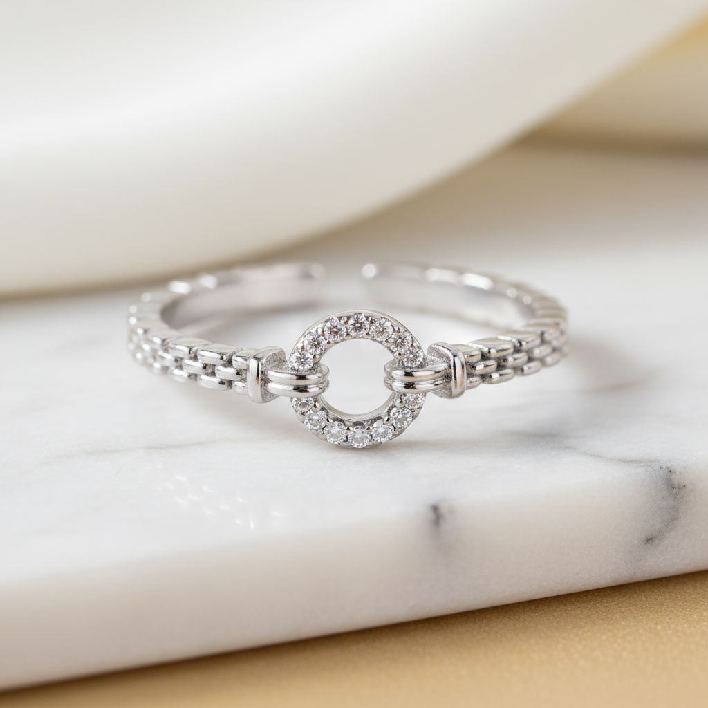 Silver Coastal Chain Ring with round zircon modern coastal-inspired jewellery Australia