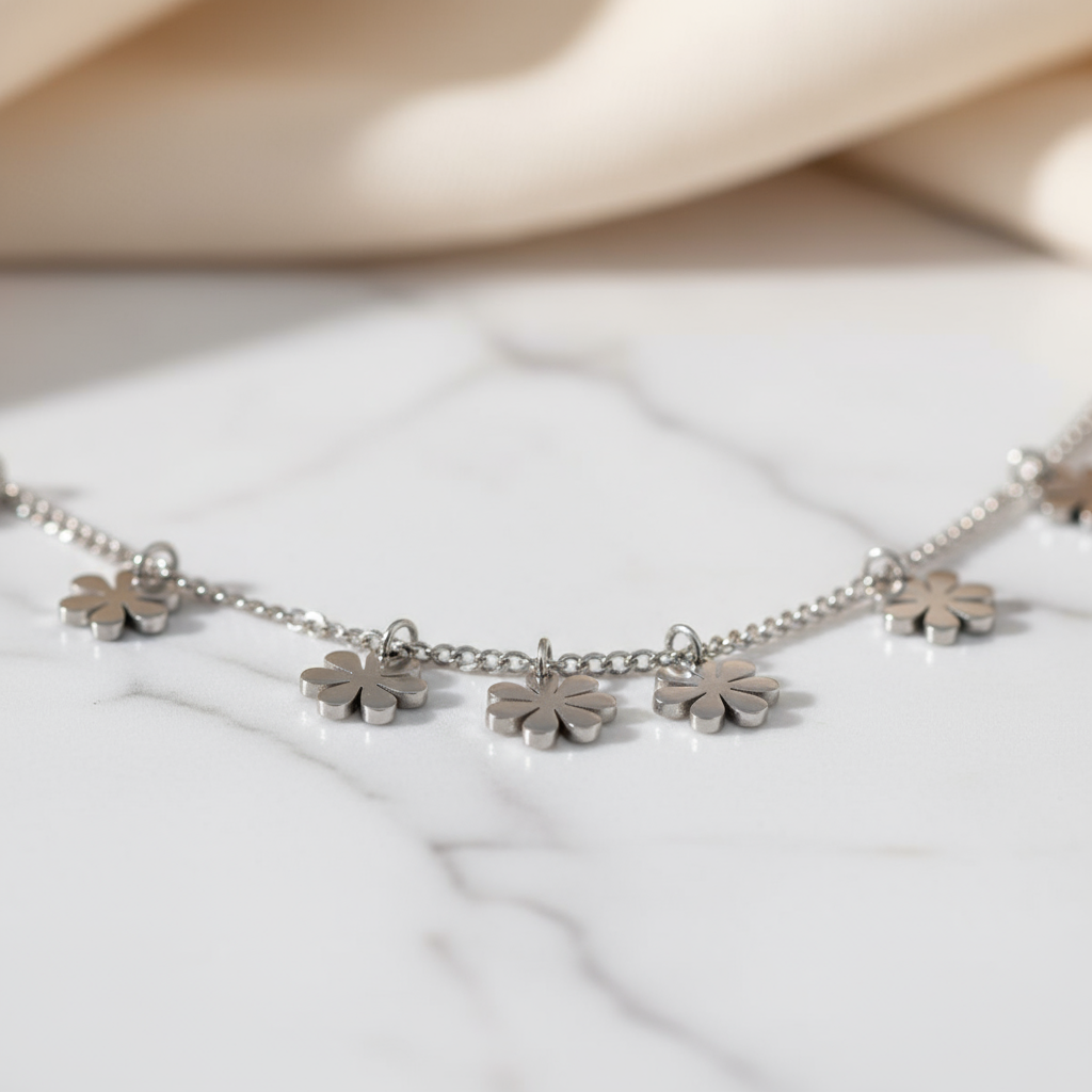 Silver Daisy Starshine Necklace Perth Australia House of Hide with daisy-inspired floral charms and star details