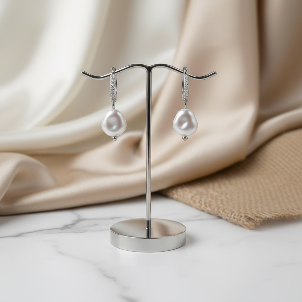 Houseofhide silver pearl hoop earrings – ocean-inspired design with shimmering stones, Perth Australia