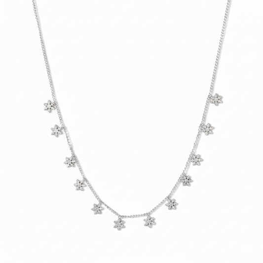 House of Hide Silver Snowflake Drift Necklace Perth Australia inspired by winter elegance and moonlit snowflakes