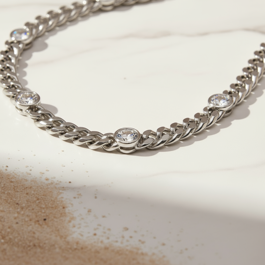 Luxury silver Cuban 5 zircon necklace from House of Hide Perth Australia, perfect for modern coastal style.