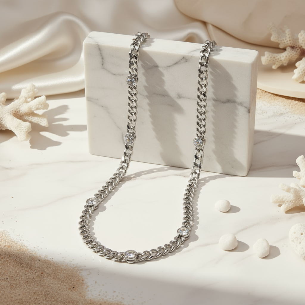 Polished silver Cuban chain necklace with sparkling zircon details by House of Hide jewellery Perth Australia.