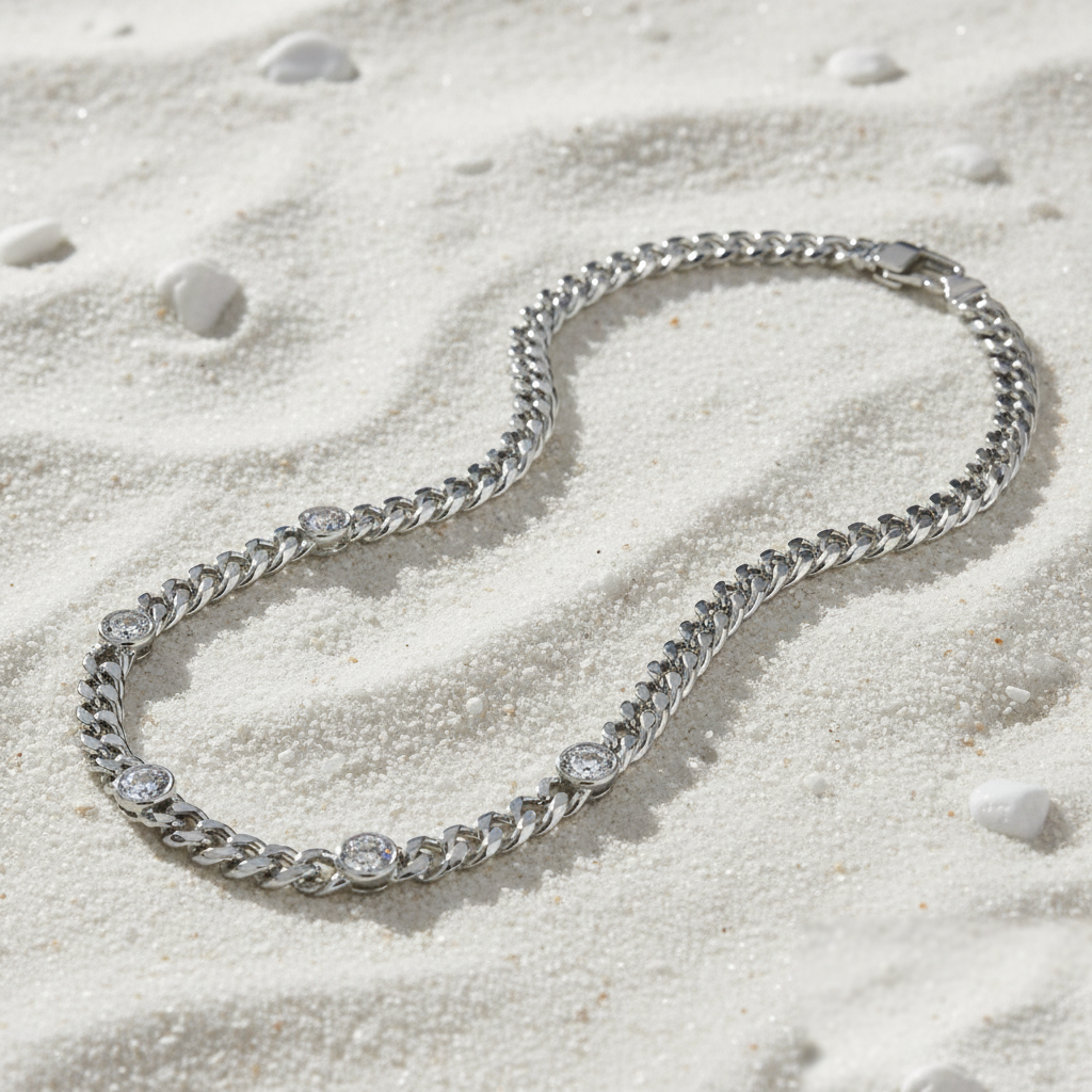 Contemporary silver Cuban link necklace from House of Hide Perth Australia featuring refined zircon brilliance.