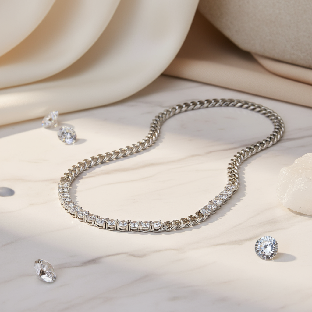Luxury silver chain necklace featuring Cuban links and shimmering crystals by House of Hide Perth Australia.