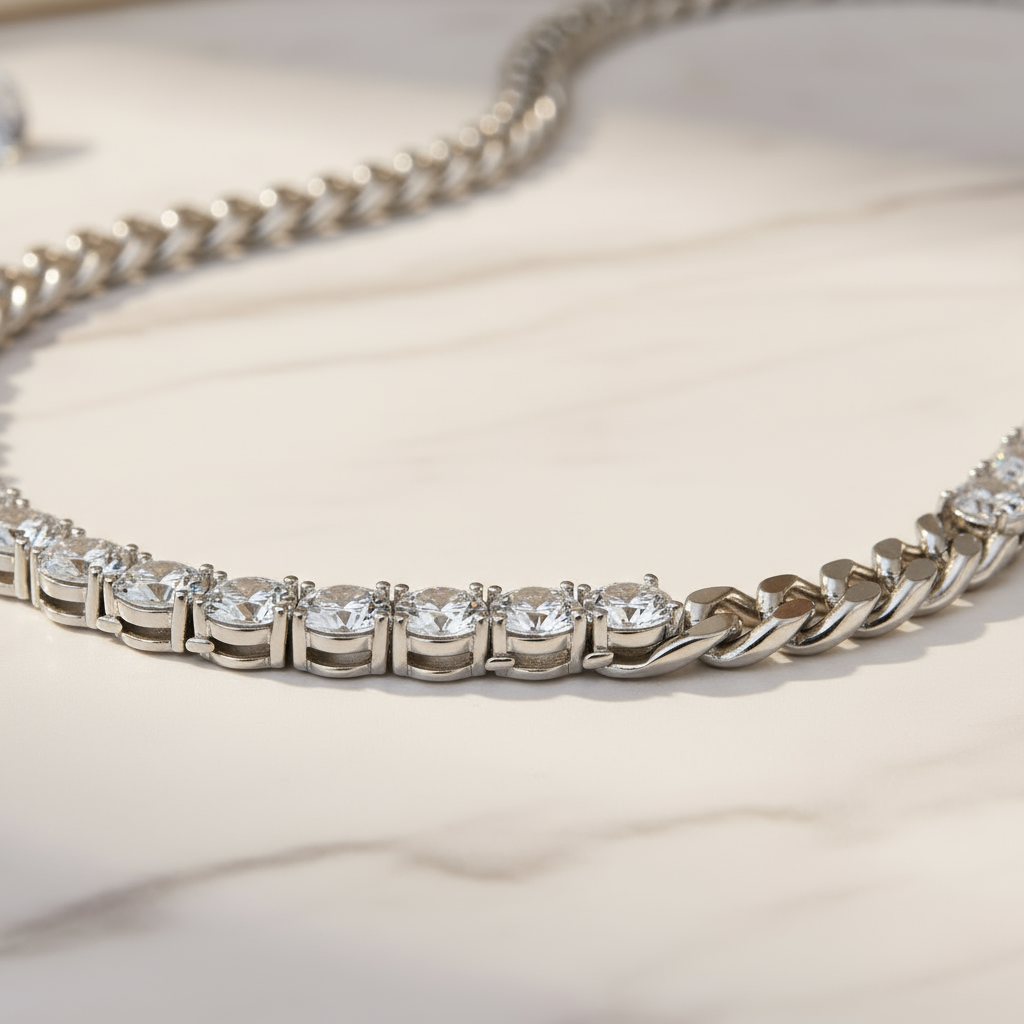 Silver spark Cuban link necklace inspired by coastal elegance from House of Hide jewellery Perth Australia.