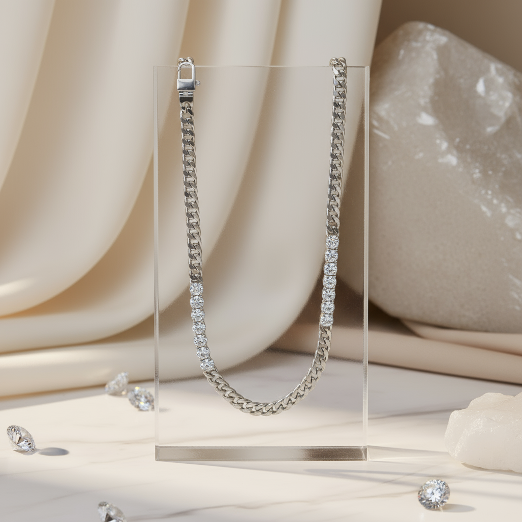 Polished silver Cuban necklace with pearl discs and beach-luxe charm from House of Hide Perth Australia.