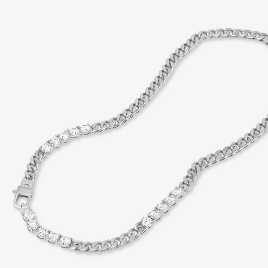 Elegant silver spark Cuban necklace from House of Hide Perth Australia with mother-of-pearl and crystal accents.