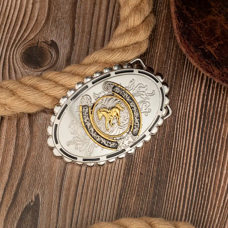 Silver stallion belt buckle top view display on a wooden surface