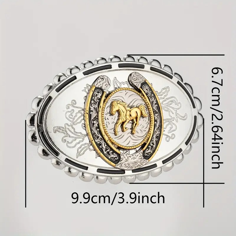 Decorative belt buckle with horse emblem and measurements on a light gray background