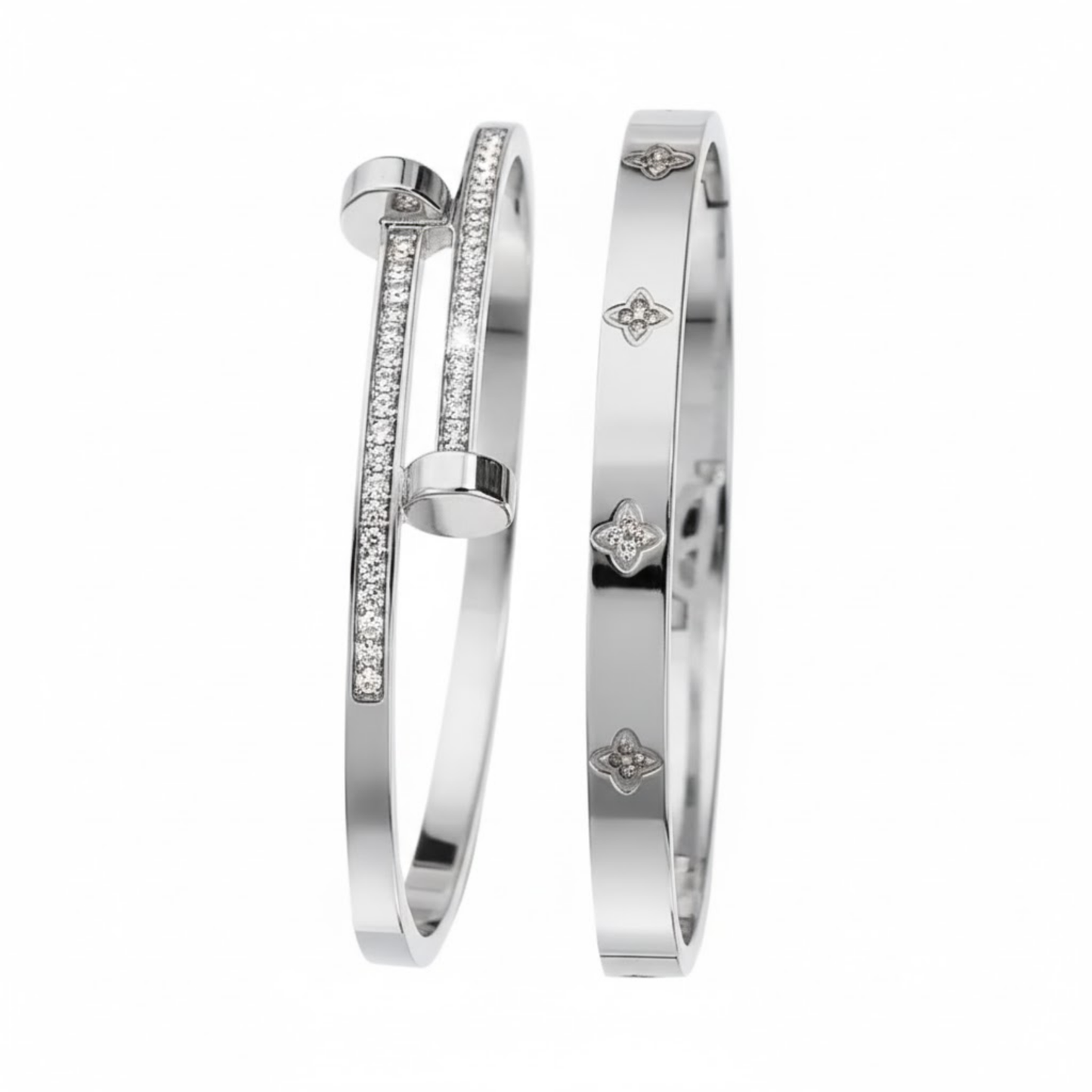 Elegant Silver Tropic Duo Bracelets Perth Australia Houseofhide displayed on a reflective surface highlighting polished silver finish.