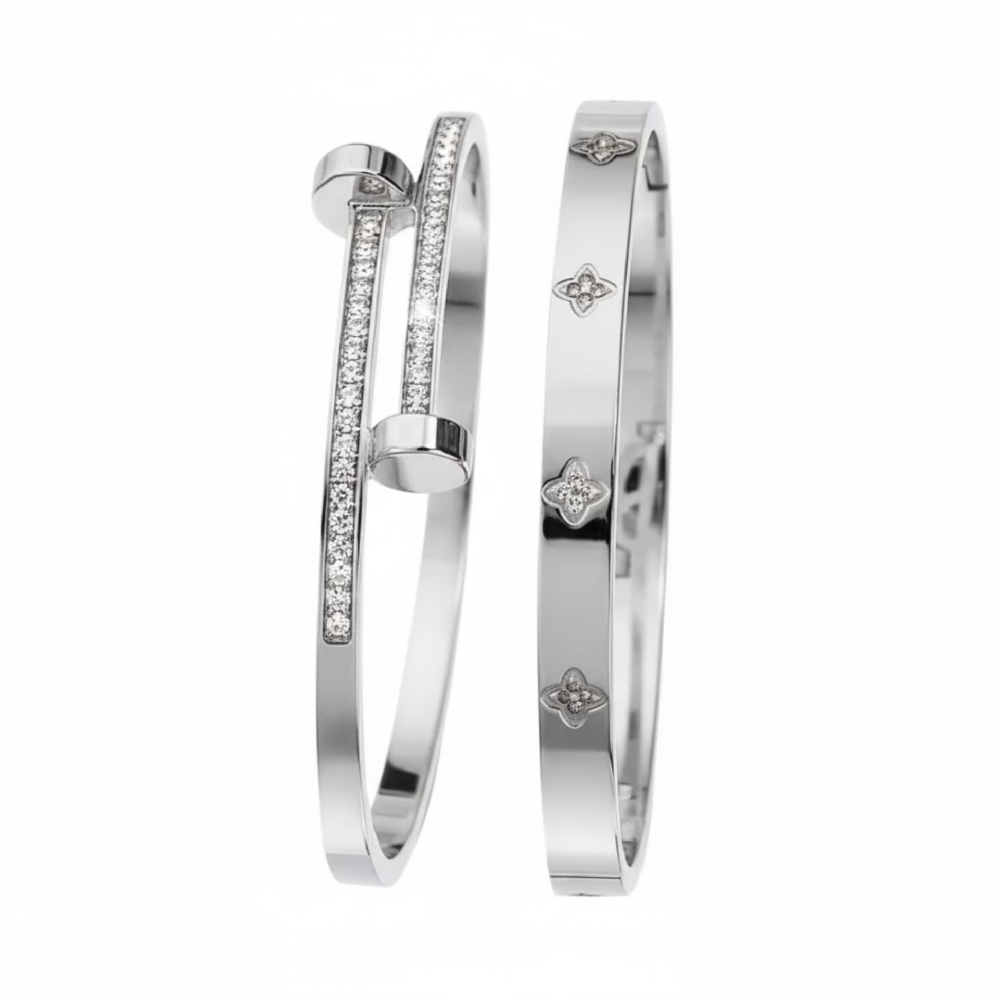 Elegant Silver Tropic Duo Bracelets Perth Australia Houseofhide displayed on a reflective surface highlighting polished silver finish.