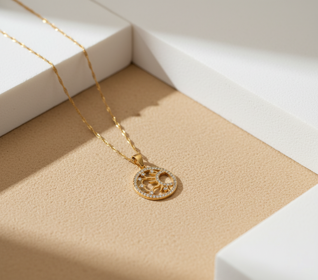 Solar Siren Necklace Perth Australia gold plated celestial pendant with shell detailing by House of Hide