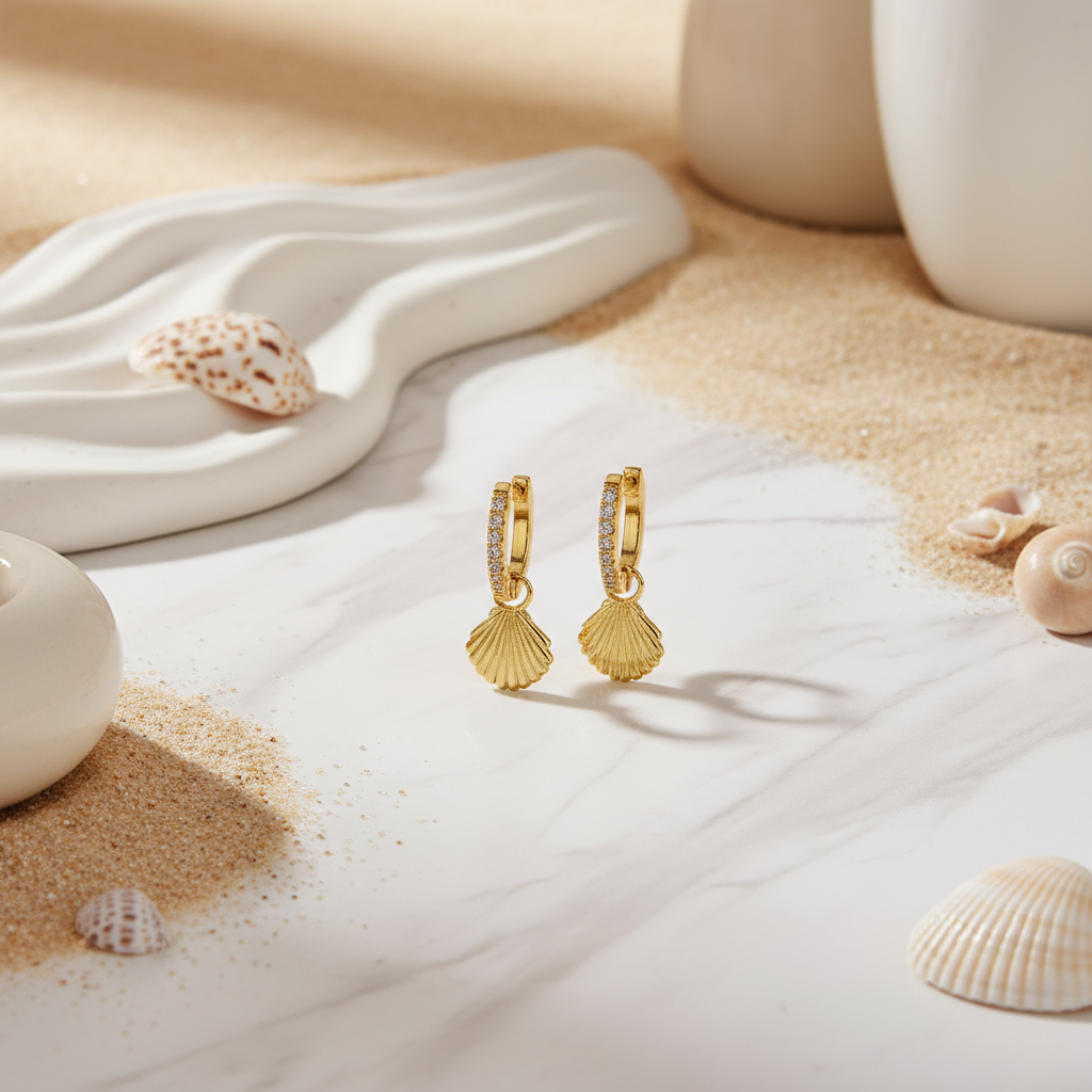 Solara Shell Hoop Earrings Perth Australia House of Hide featuring gold hoops with shell-shaped pendants and zircon details