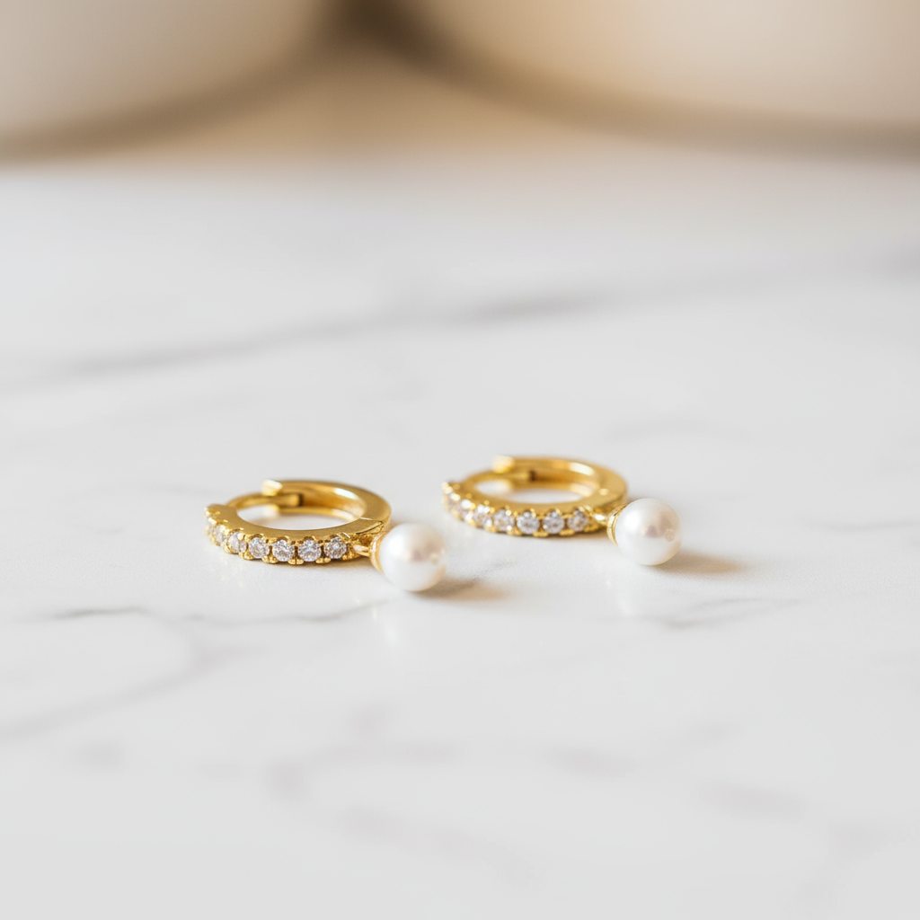 Elegant gold hoop earrings with pearl pendants Perth Australia House of Hide coastal-inspired jewellery