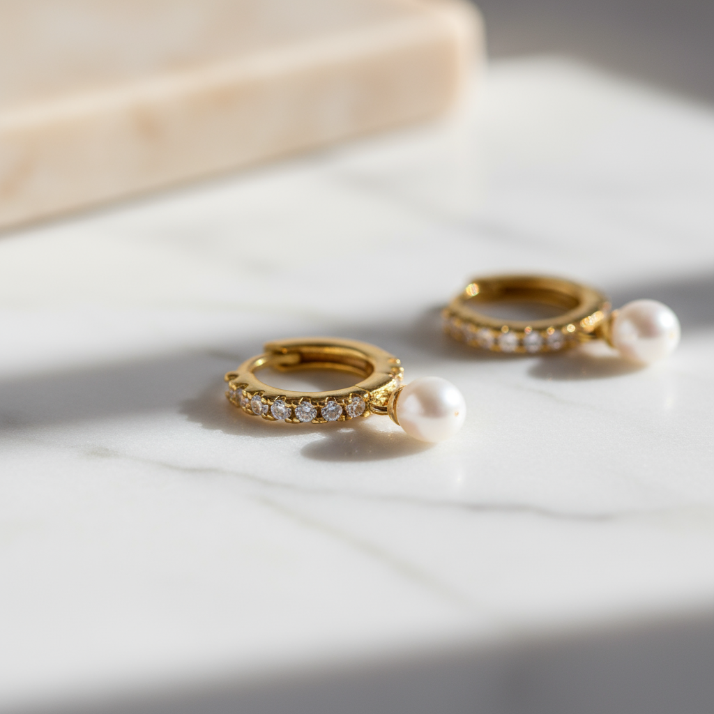 Solstice Whisper Earrings featuring gold hoops with pearls on marble and fabric background
