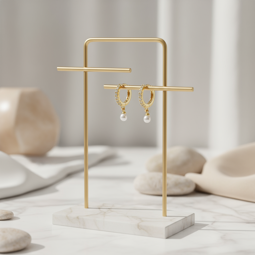 Solstice Whisper Pearl Hoop Earrings Perth House of Hide gold earrings with pearl drops displayed on marble fabric surface