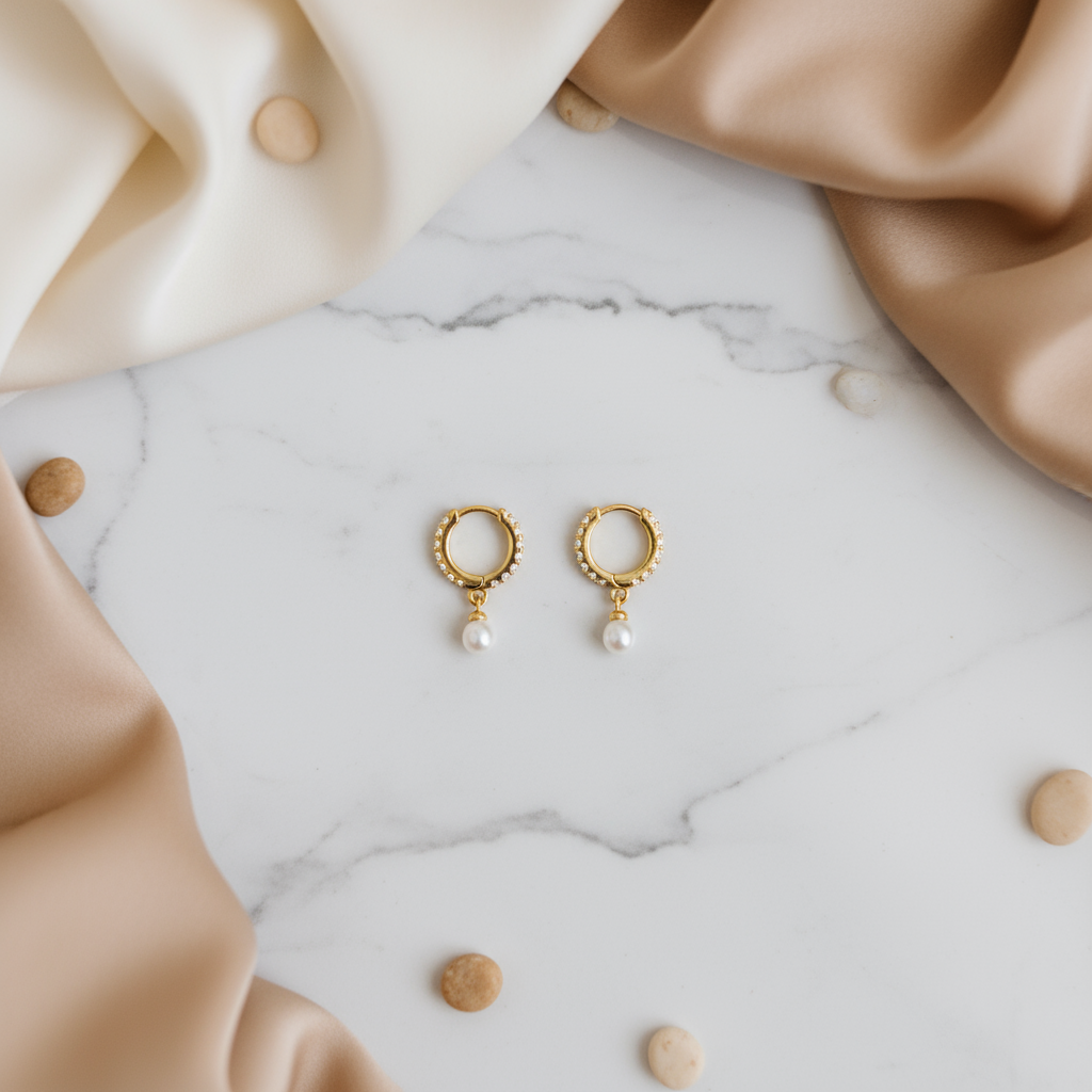 Solstice Whisper Pearl Hoop Earrings Perth Australia House of Hide gold earrings with pearl drops on marble surface with fabric