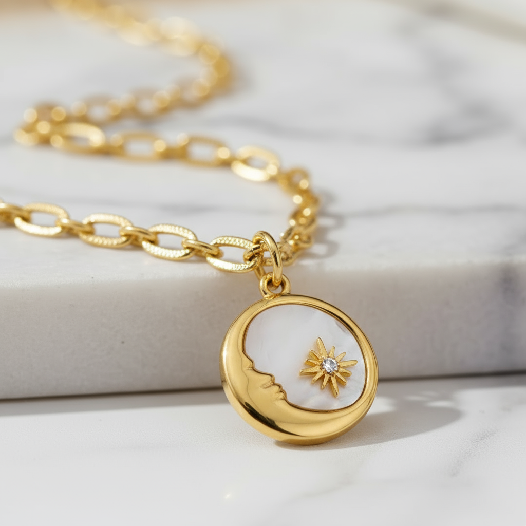 House of Hide Soluna Shell Pendant Australia gold stainless steel moon necklace symbolising intuition and serenity