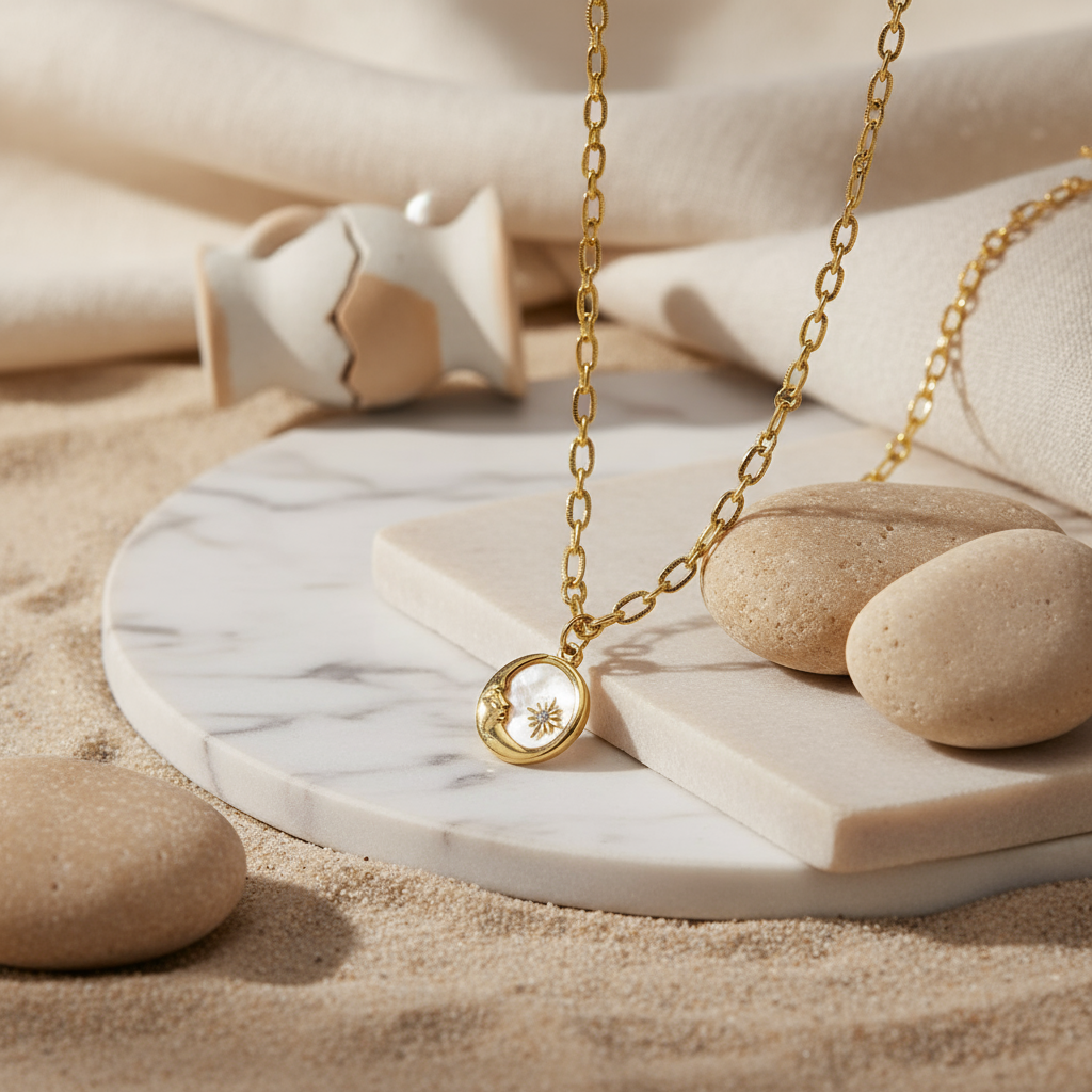 House of Hide Soluna Shell Pendant waterproof gold stainless steel lunar charm jewellery Australia