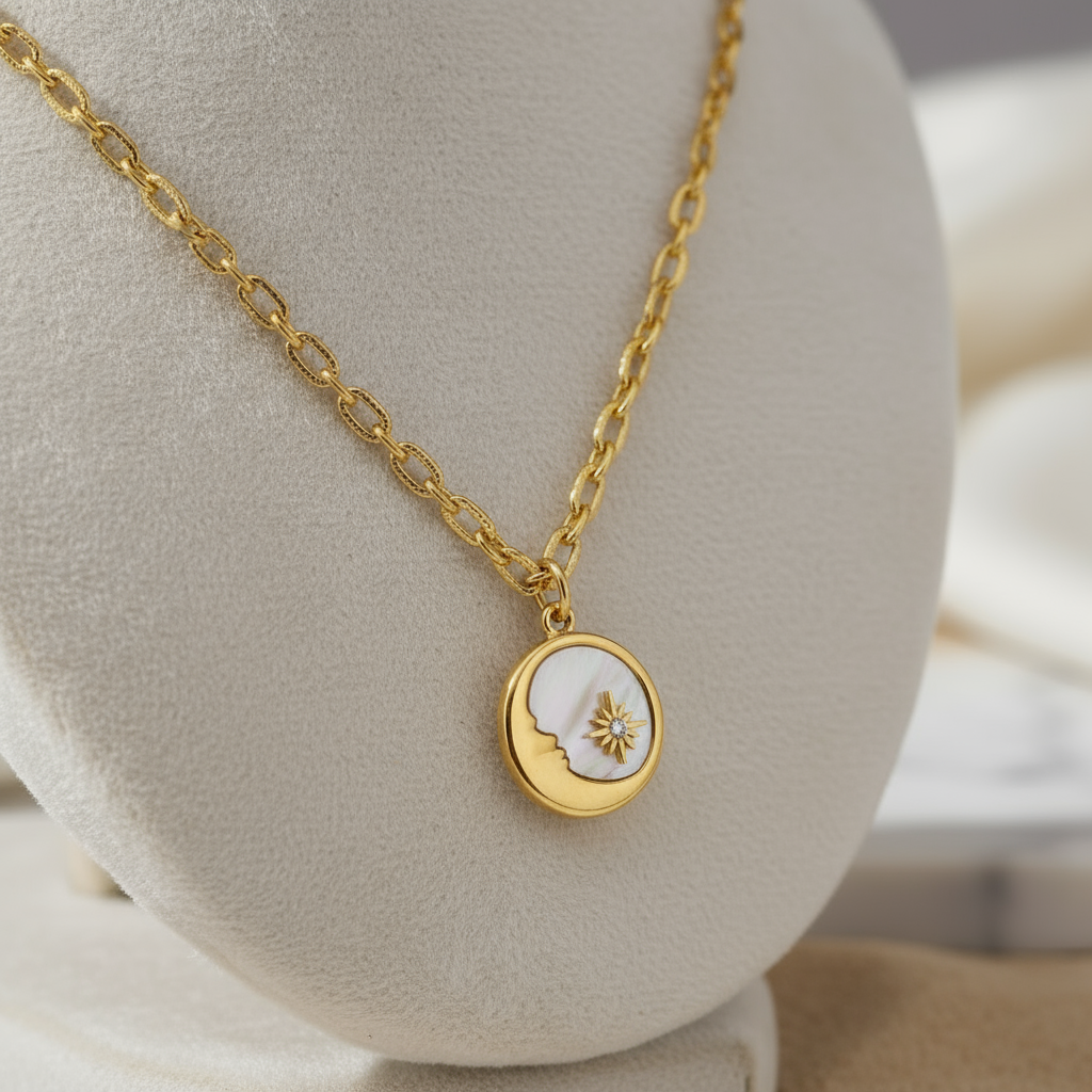 Soluna Shell Pendant Perth Australia celestial gold necklace inspired by moonlight and modern coastal style