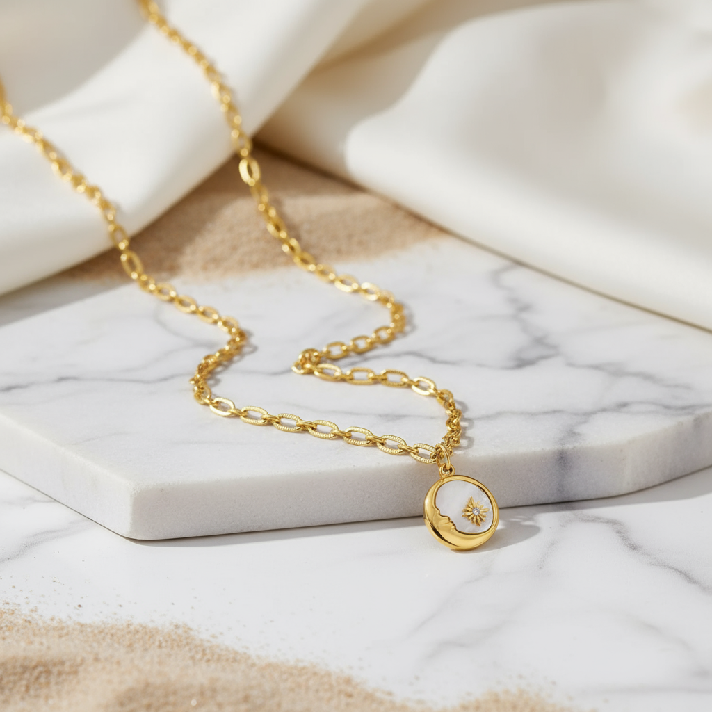 Soluna Shell Pendant Perth Australia minimalist moon necklace with polished gold finish by House of Hide