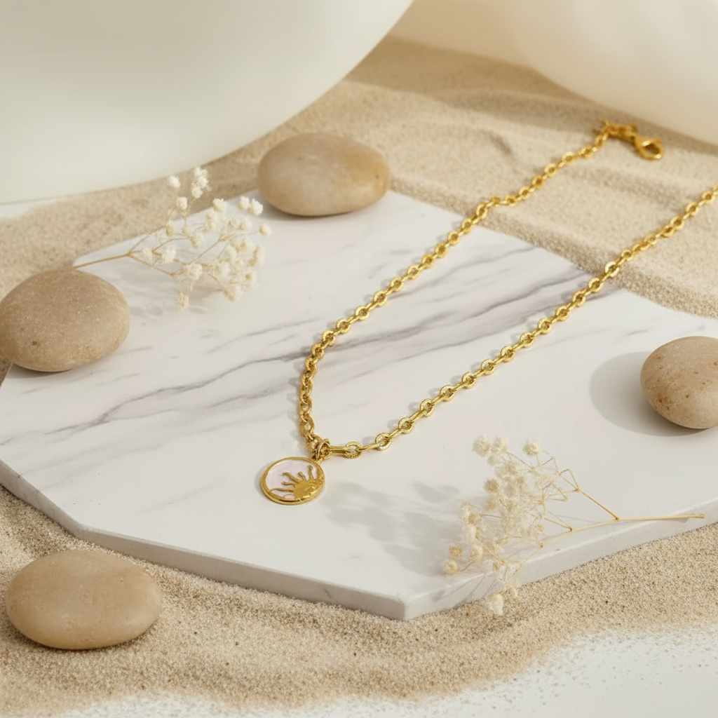 Summer Sol Emblem Necklace Perth Australia shell and gold tone sun design capturing summer charm and style