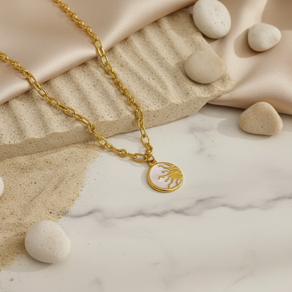 House of Hide Summer Sol Emblem Necklace vintage-inspired gold stainless steel sun pendant jewellery