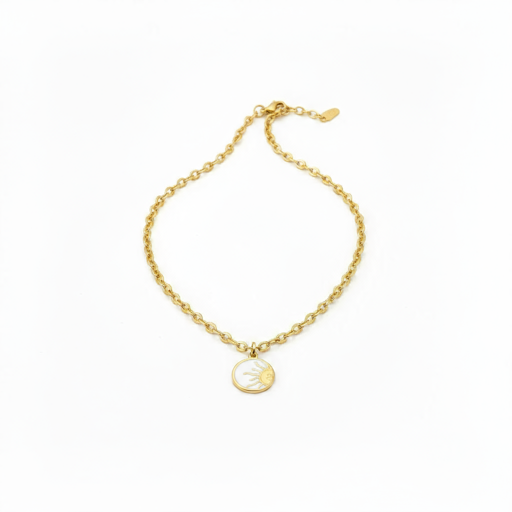 Summer Sol Emblem Necklace Perth Australia House of Hide gold sun pendant with shell centre inspired by coastal elegance