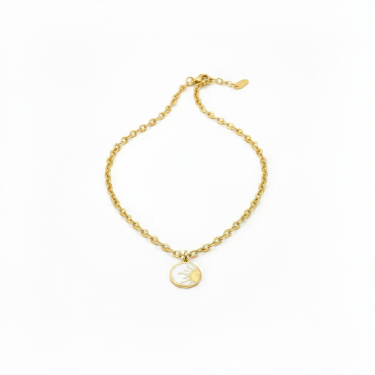 Summer Sol Emblem Necklace Perth Australia House of Hide gold sun pendant with shell centre inspired by coastal elegance