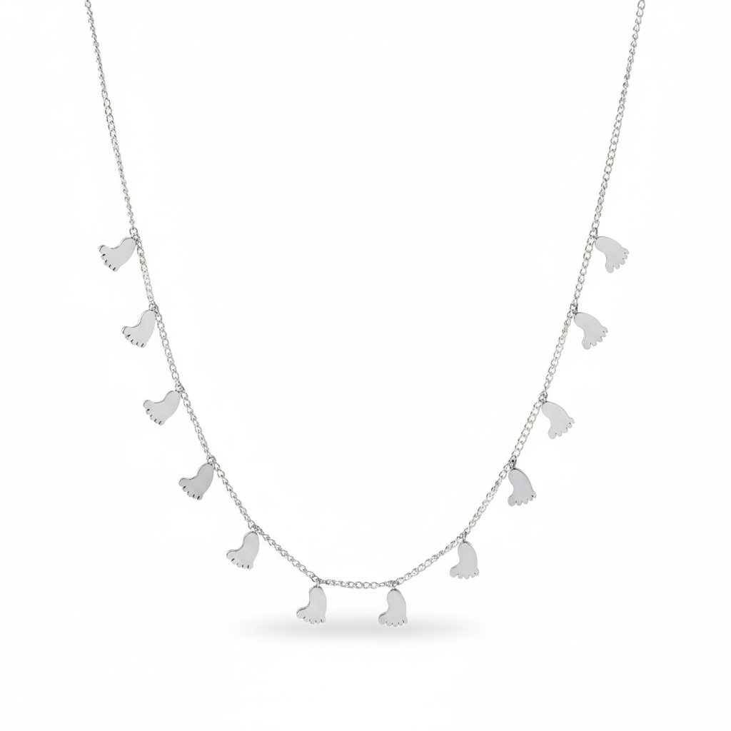 House of Hide Summer Steps Charm Necklace Perth Australia delicate silver-toned necklace with small footprint charms