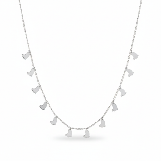 House of Hide Summer Steps Charm Necklace Perth Australia delicate silver-toned necklace with small footprint charms