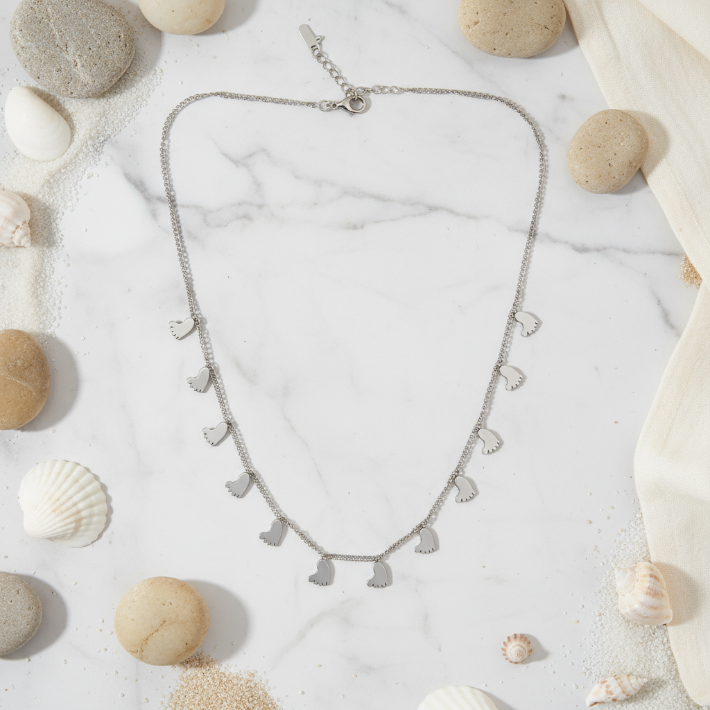 Silver Summer Steps Charm Necklace Perth Australia House of Hide featuring baby foot pendants for love and new beginnings