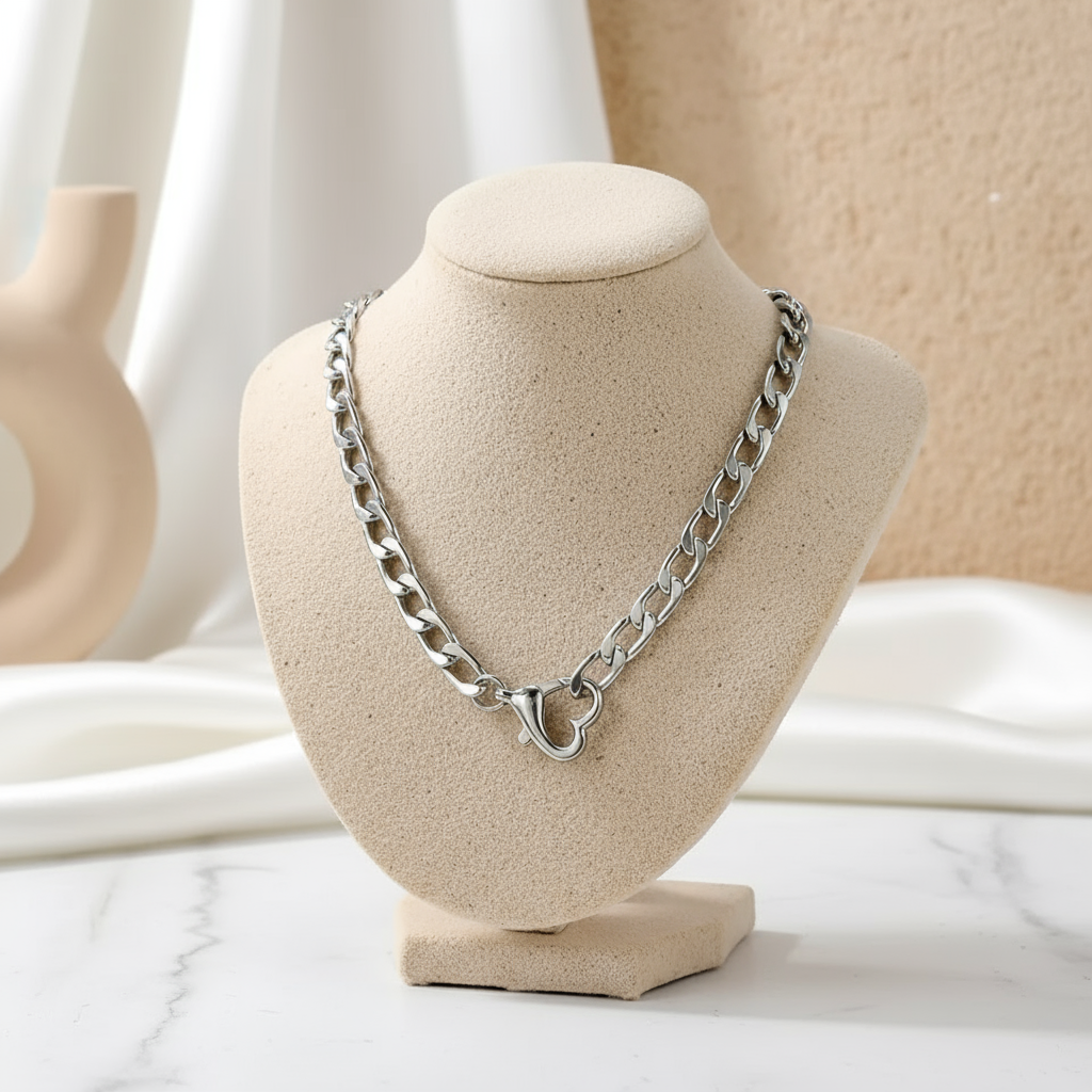 Summer Tide Link Necklace Perth House of Hide silver chain necklace displayed on marble background