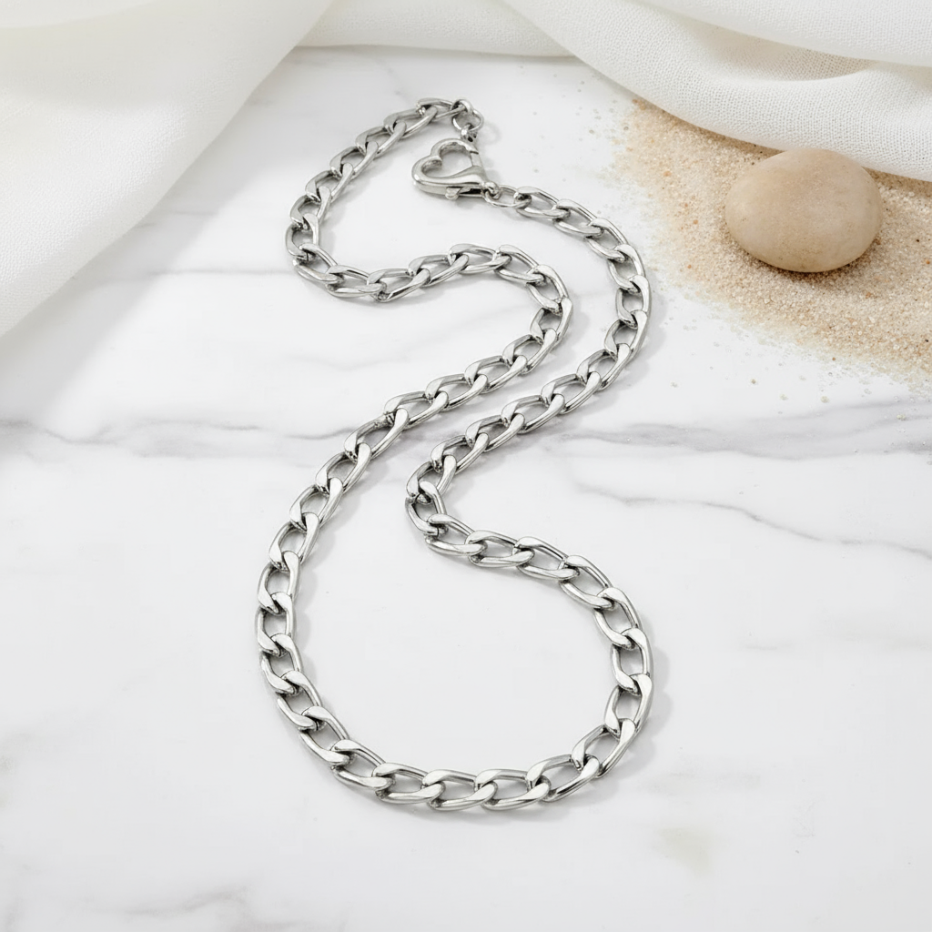 Summer Tide Link Necklace Perth Australia House of Hide silver chain link necklace on marble background