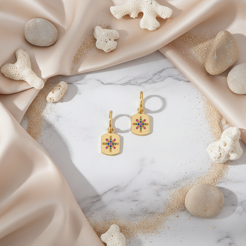 Gold sunburst boho earrings – artistic multicolour zircon design from Houseofhide Australia