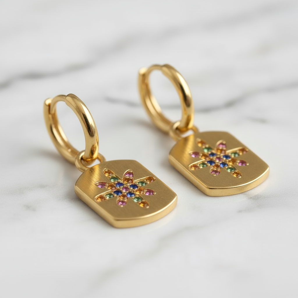 Sun Mirage Earrings – gold-toned boho style earrings featuring vibrant zircon sun motifs