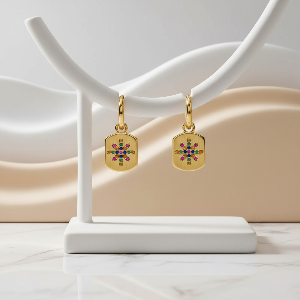 Sun Mirage Boho Earrings Perth Australia Houseofhide – gold geometric tag earrings with multicoloured zircon stones