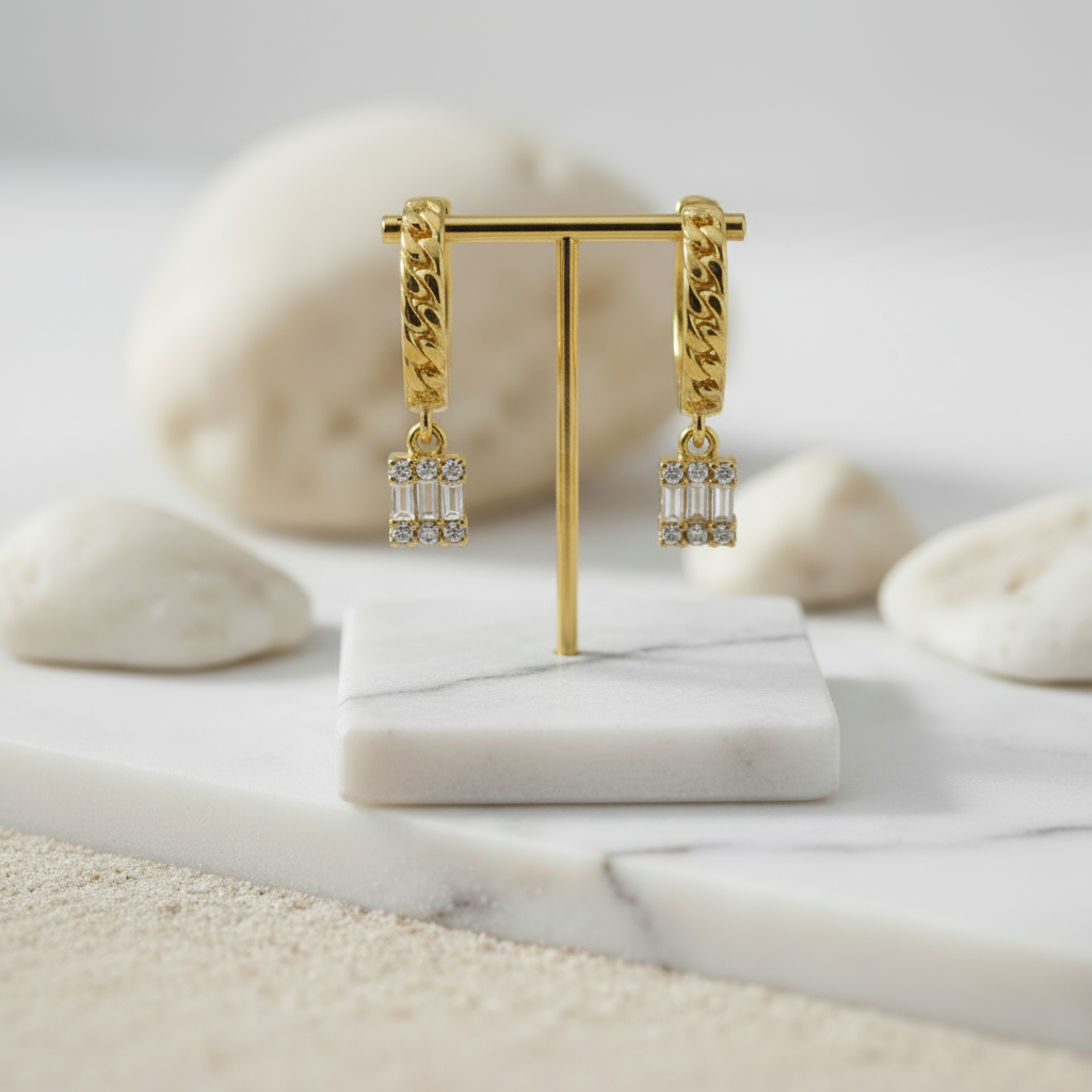 Elegant gold hoops featuring textured design and crystal drop – Houseofhide jewellery Australia