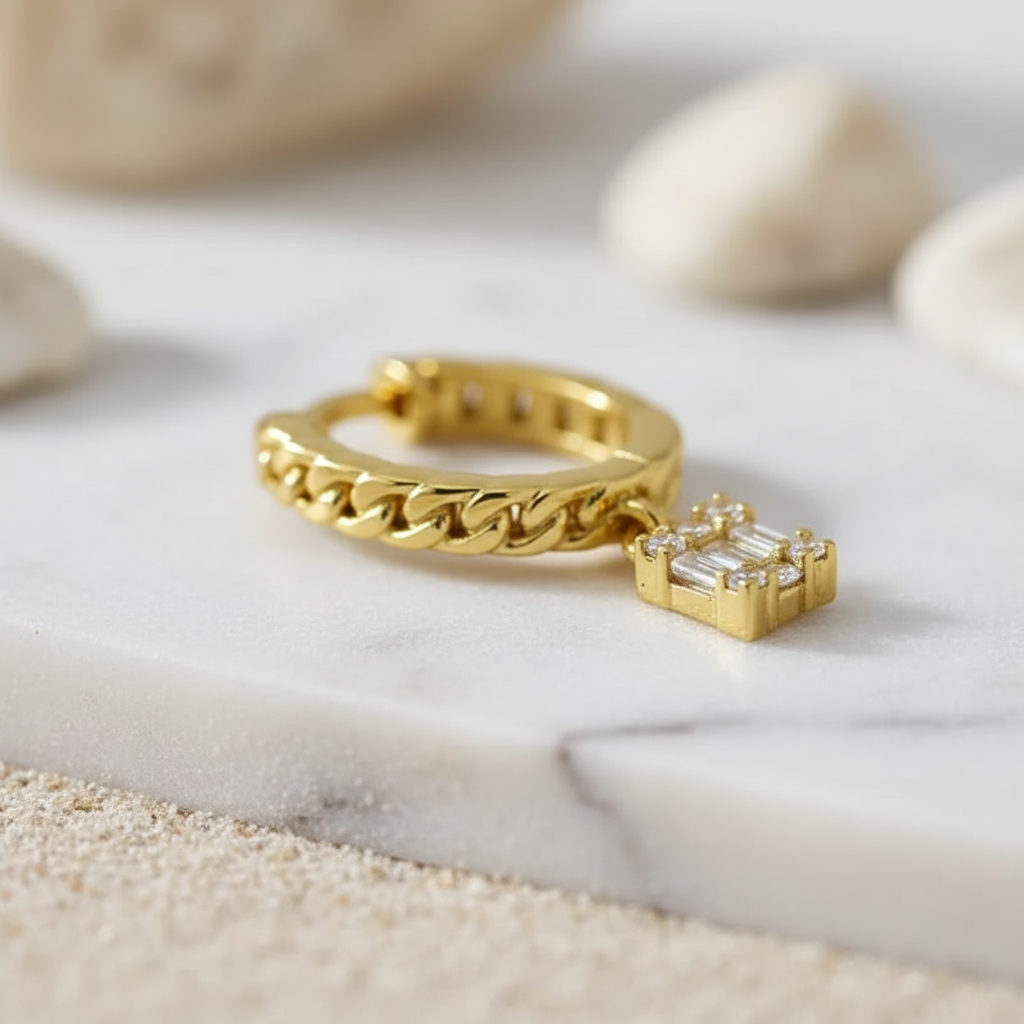 Gold chain-inspired hoop earrings with sparkling zircon pendant – Sunlit Gleam Hoops by Houseofhide