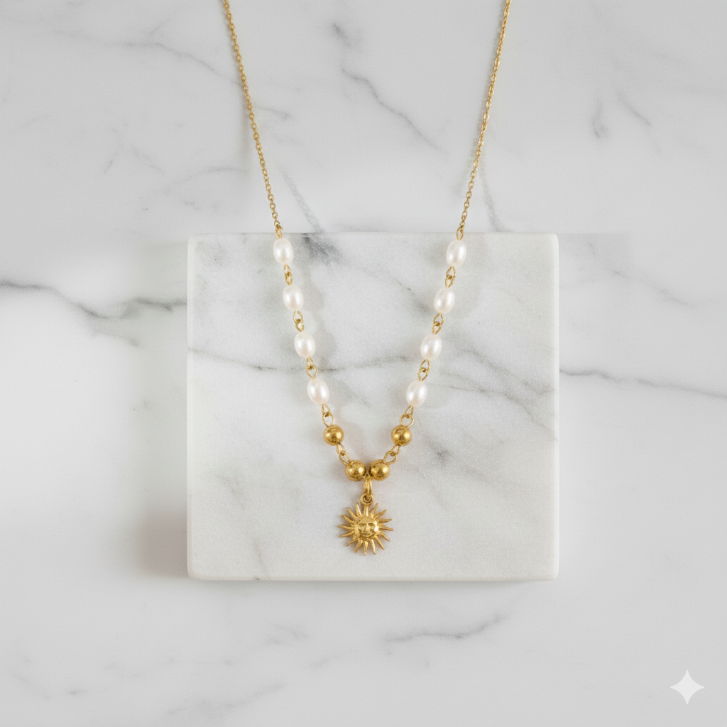 Sunlit Pearl Necklace Perth Australia House of Hide gold sun pendant with freshwater pearl