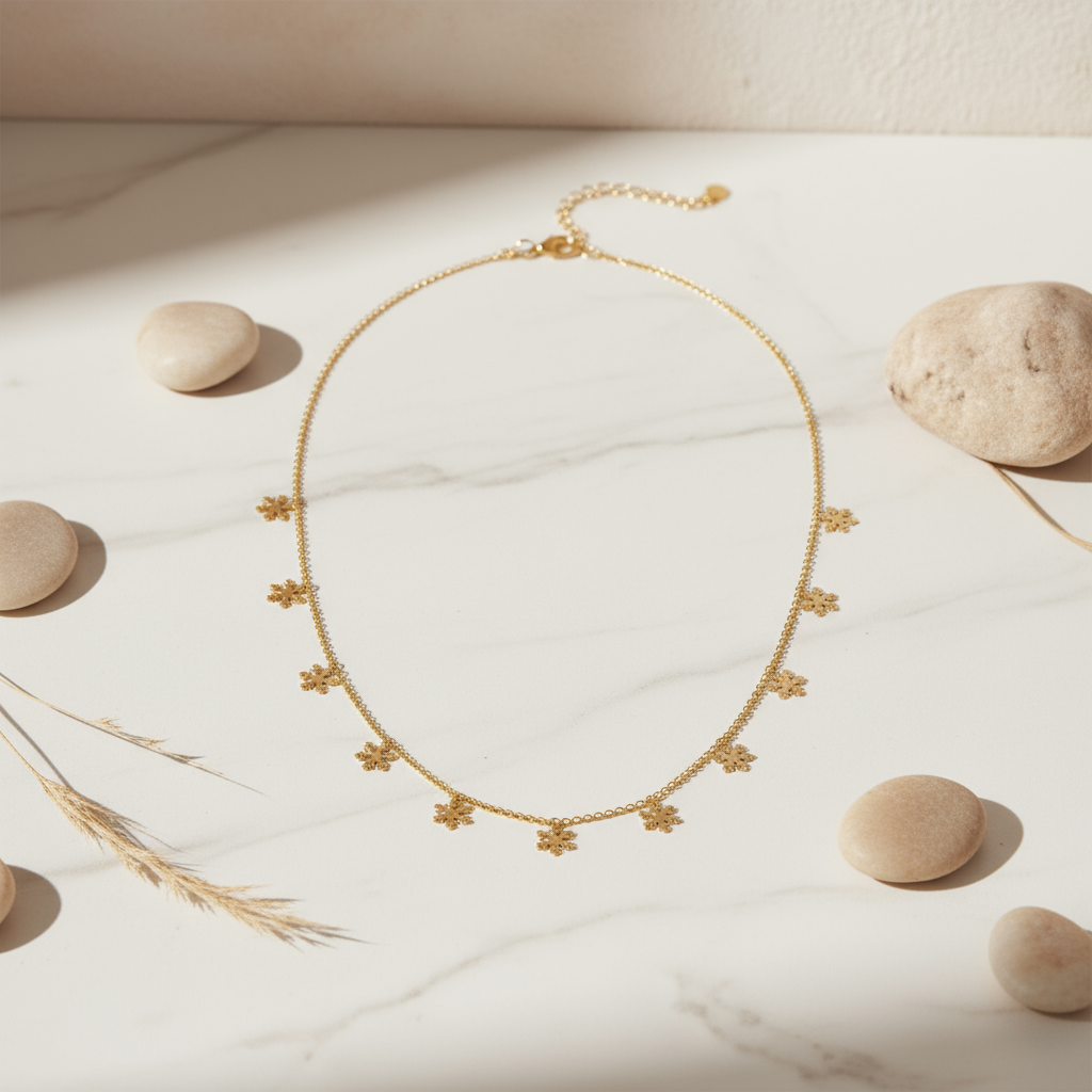 Sunlit Snowfall Necklace Perth Australia House of Hide gold necklace with stones on a light surface and grass accents
