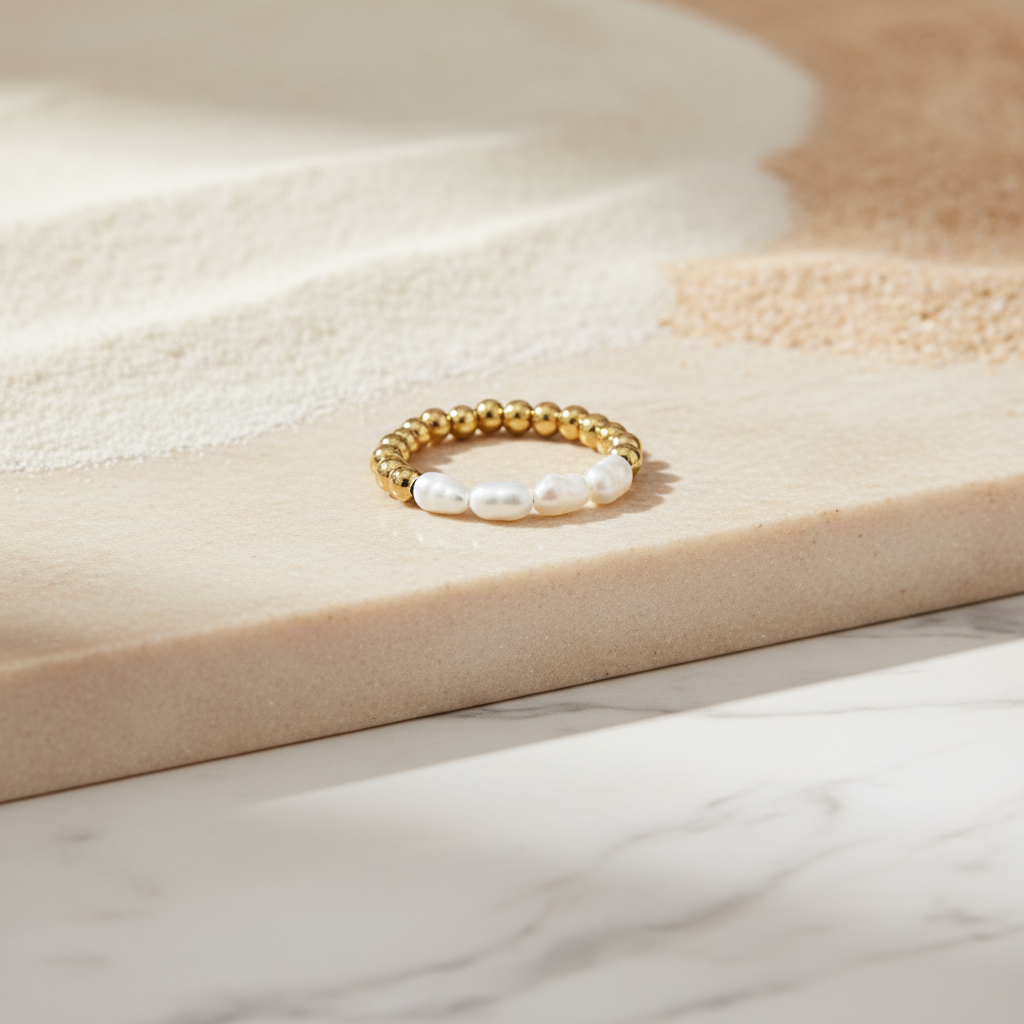 Sunlit Tide Beaded Ring Perth Australia gold pearl beaded ring for modern coastal style and timeless elegance
