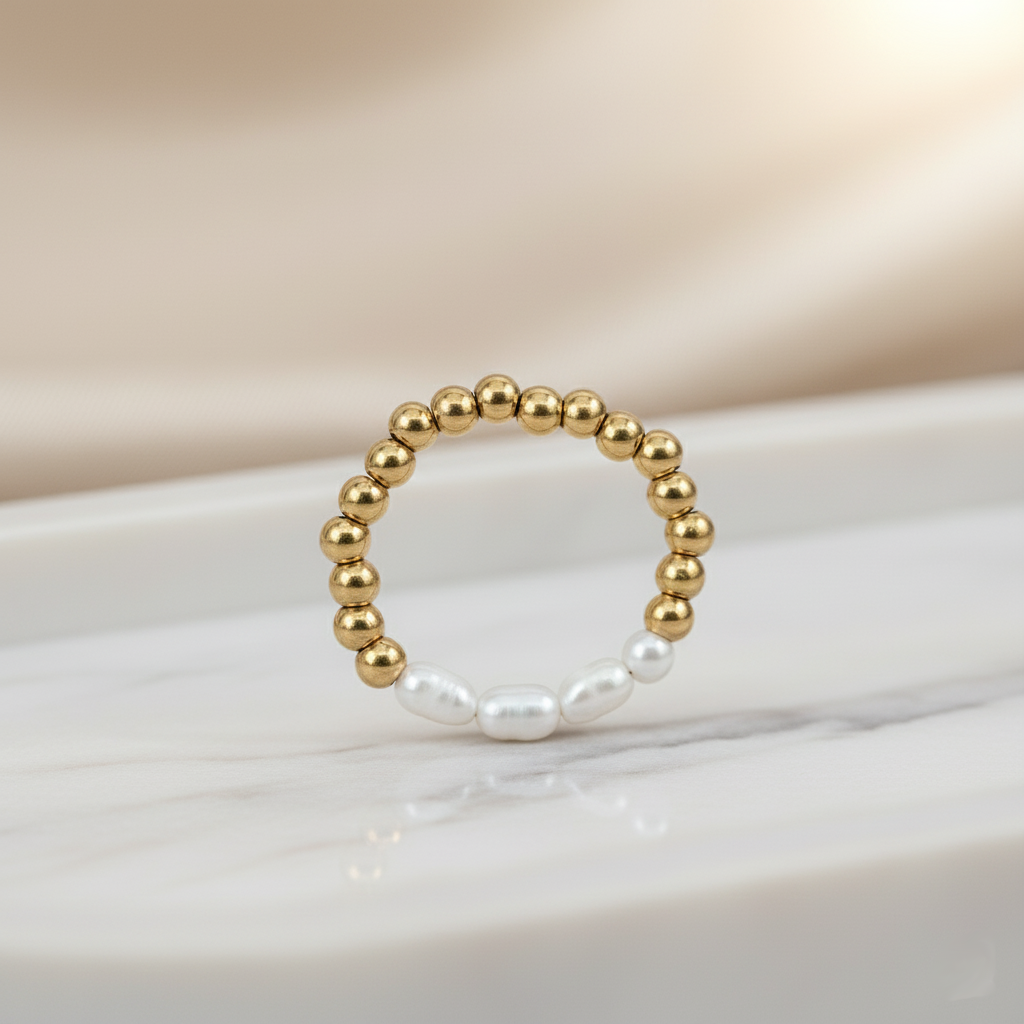 House of Hide Sunlit Tide Beaded Ring radiant gold stainless steel with natural pearls designed for beach inspired fashion